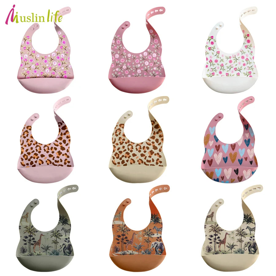 Babero de silicona impermeable con estampado de dibujos animados de moda para bebés: babero ajustable, suave y duradero para bebés y niños pequeños
