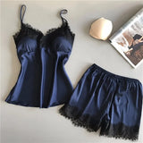 Conjunto de pijama para mujer, moda, escote en V, satén elástico, babydoll, encaje, lencería sexy, pijama con lazo, pantalones cortos para dormir, ropa de dormir nueva