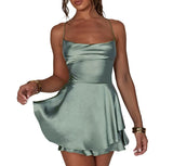 Sexy Satin Halter Dress - Elegant A-Line Mini Club Dress for Women
