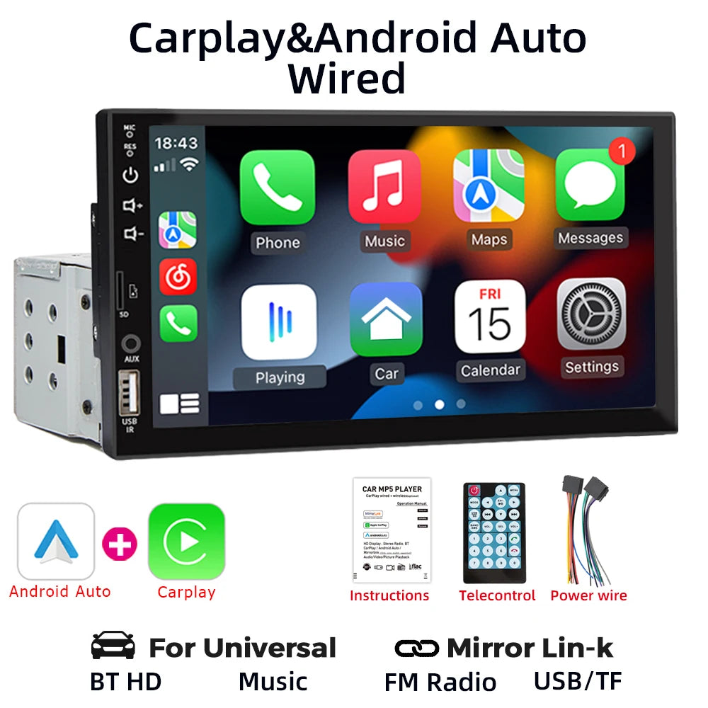 7-Inch Car Stereo with Bluetooth 5.0, Wired CarPlay & Android Auto, FM Radio, USB/SD, MP3 Player