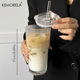 Taza de café de vidrio transparente de 600 ml con tapa y pajita: taza para café helado, té y jugo