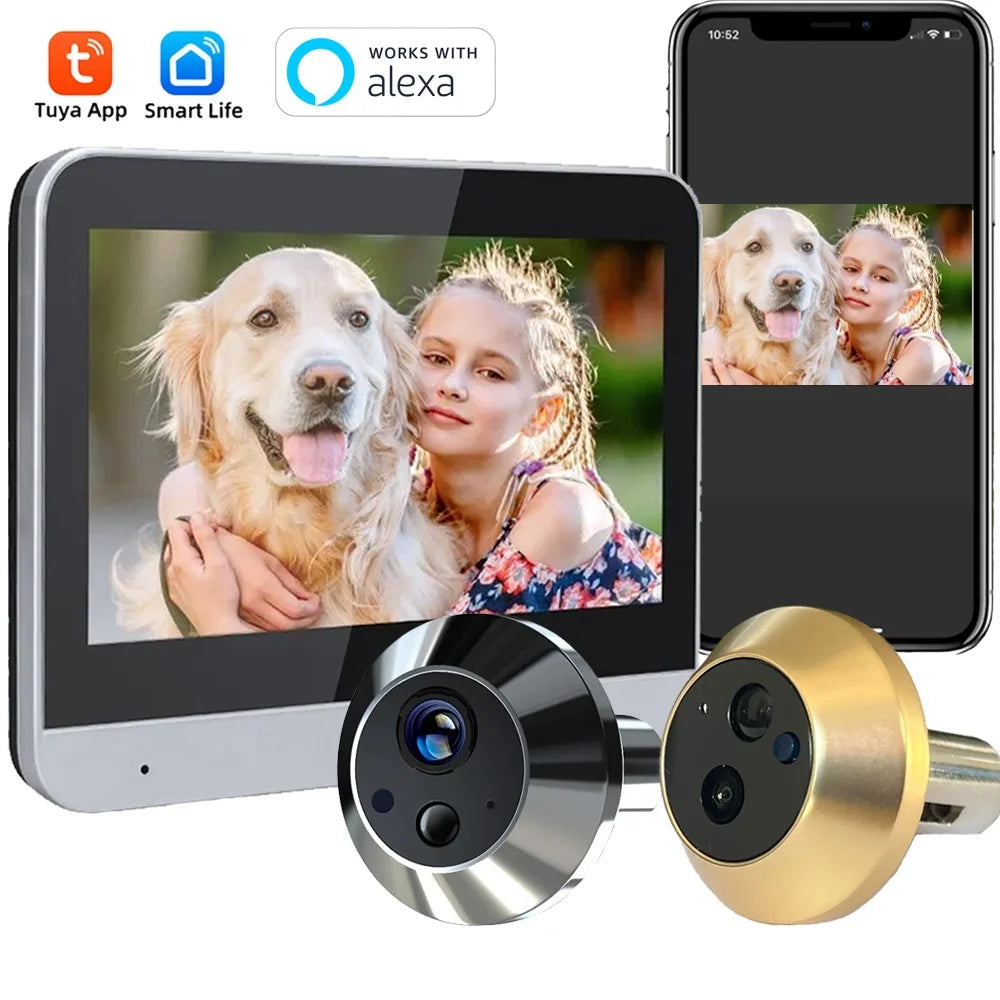 Cámara de puerta con mirilla WiFi Tuya con detección de movimiento y visión nocturna: visor de puerta con video inalámbrico de 3 MP