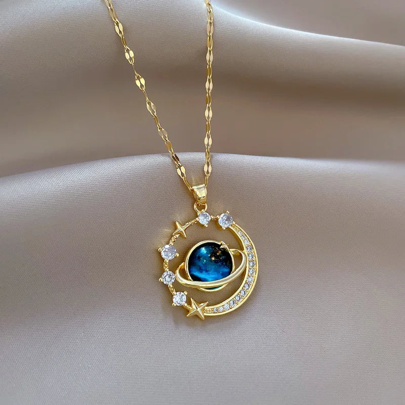 Romantic Blue Planet Pendant Necklace for Women