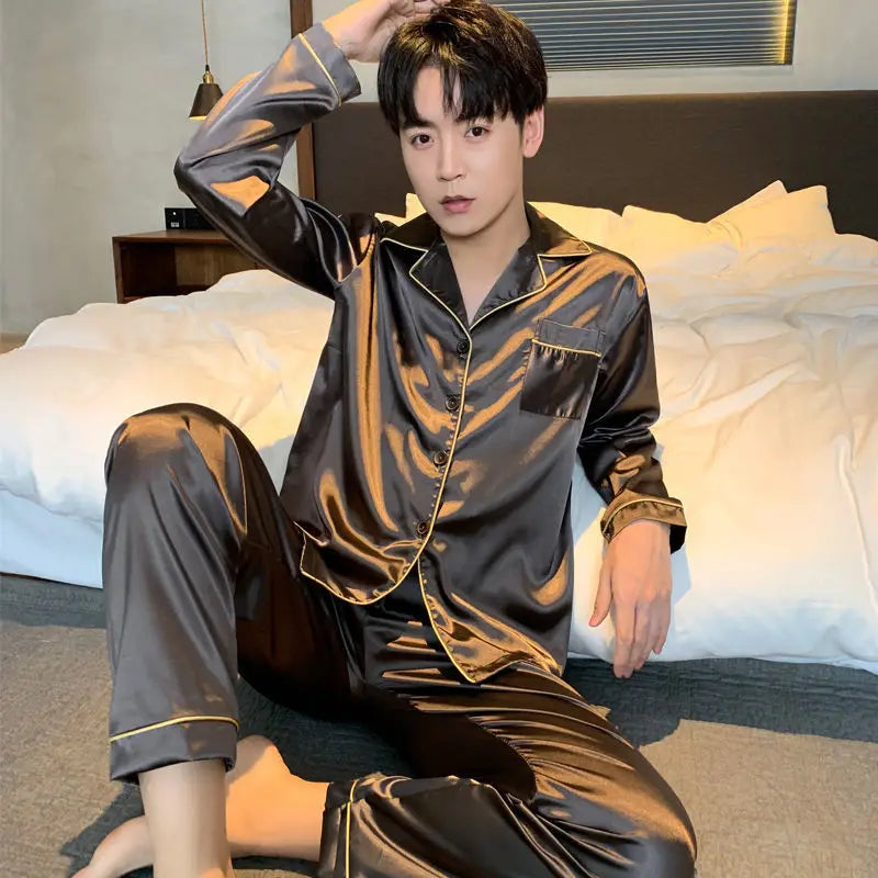 Men’s Elegant Solid Pajama Set – Soft Polyester & Spandex with Full Sleeves, Button Closure, and Turn-Down Collar