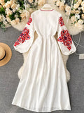 Bohemian Embroidered Floral Dress – Lantern Sleeve, High Waist, Mid-Calf Length