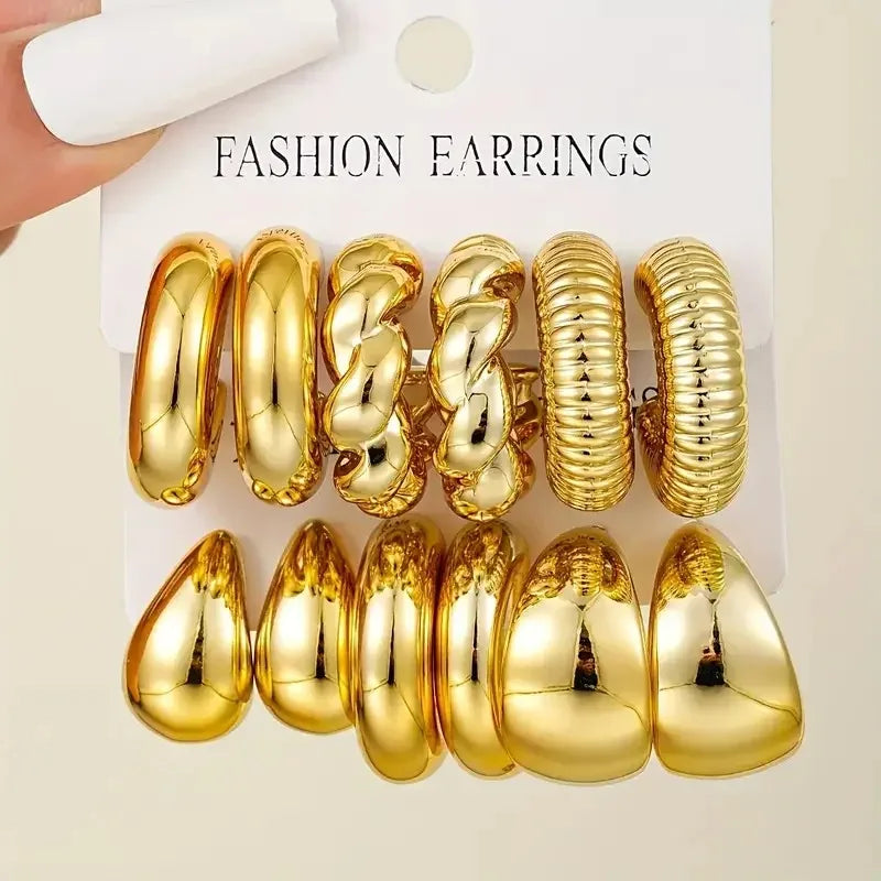 Juego de 12 pendientes de metal trenzado en forma de C: regalo de joyería retro, elegante, hipoalergénico para mujeres