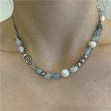 Natural Blue Stone & Freshwater Pearl Irregular Necklace – Vintage Summer Statement Jewelry for Women
