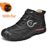 Men’s Winter Leather Ankle Boots – Lace-Up Cowhide Boots with Plush Lining for Cold Weather
