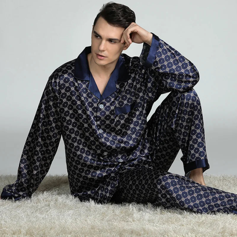 Men’s Satin Pajama Set - Soft, Silky Sleepwear with Print & Elastic Waist, V-neck, Full Sleeve Design