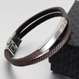 Men's Genuine Leather Bracelet - Stainless Steel Double-Layer Braided Bangle