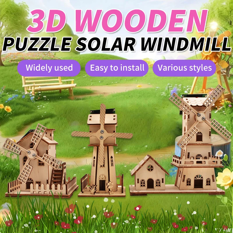 Wooden 3D Solar Windmill Puzzle Kit – Eco-Friendly DIY Construction Toy for Teens & Adults