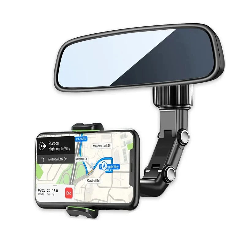 360° Rotating Rearview Mirror Phone Holder – Universal Car Phone Mount for GPS & Hands-Free Driving