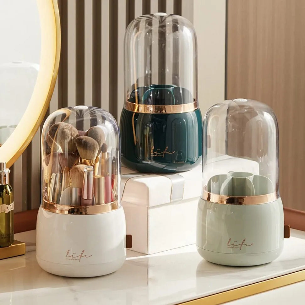 Organizador de brochas de maquillaje giratorio de 360° con tapa: almacenamiento elegante y a prueba de polvo