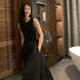 Women's Sleeveless High-Waist Maxi Dress - Elegant Black A-Line Summer Dress