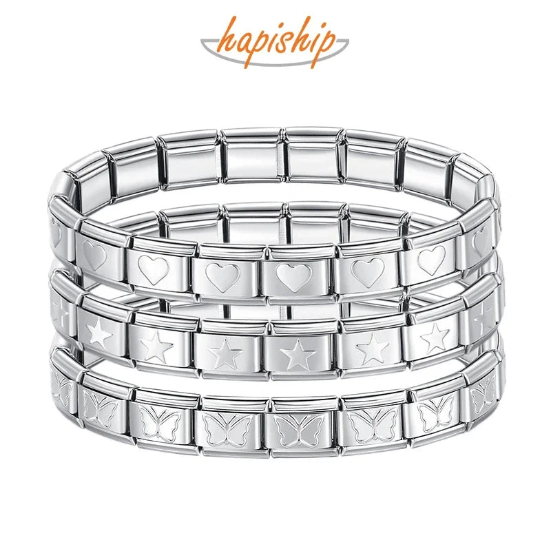 Hapiship 2024 Joyería para mujer Pulsera elástica italiana de 9 mm de ancho con dije de estrella, corazón y mariposa, brazalete de acero inoxidable de moda ST-