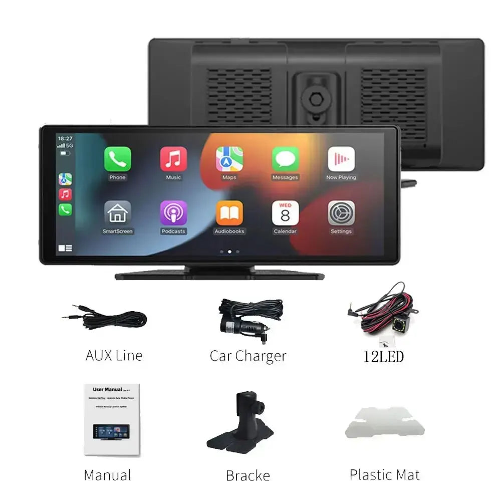 10.26" Touchscreen Car Multimedia Player with Wireless CarPlay, Android Auto, GPS & Dual Dash Cam