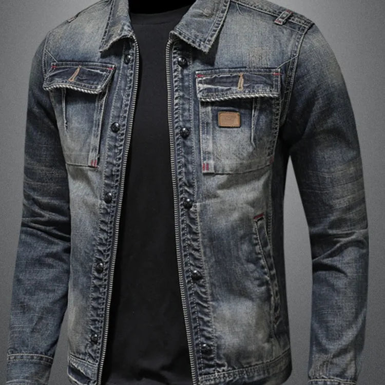 Men’s Casual Loose-Fit Denim Jacket with Zipper Closure – Stylish Outerwear for Spring & Autumn