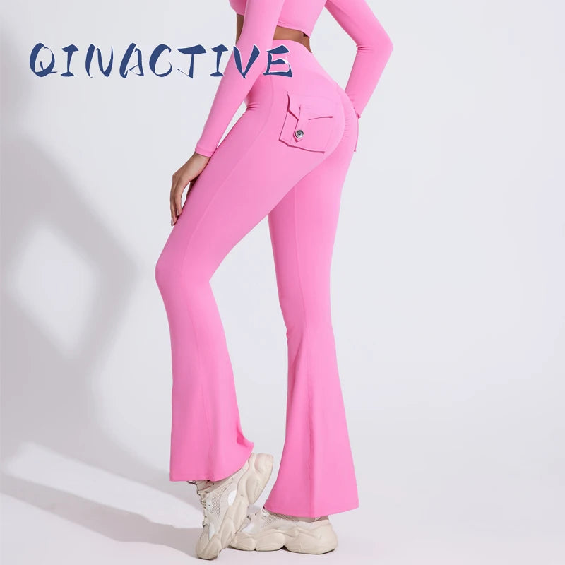 High-Waisted Scrunch Yoga Pants for Women – Flared, Seamless with Utility Pockets, Full Length