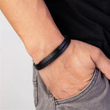 Men's Genuine Leather Bracelet - Stainless Steel Double-Layer Braided Bangle