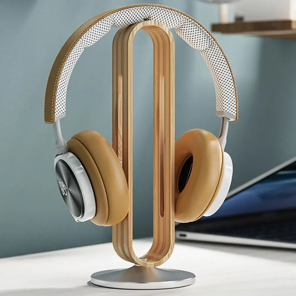Soporte para auriculares de madera de bambú y aluminio: expositor de auriculares para juegos y soporte para guardar auriculares