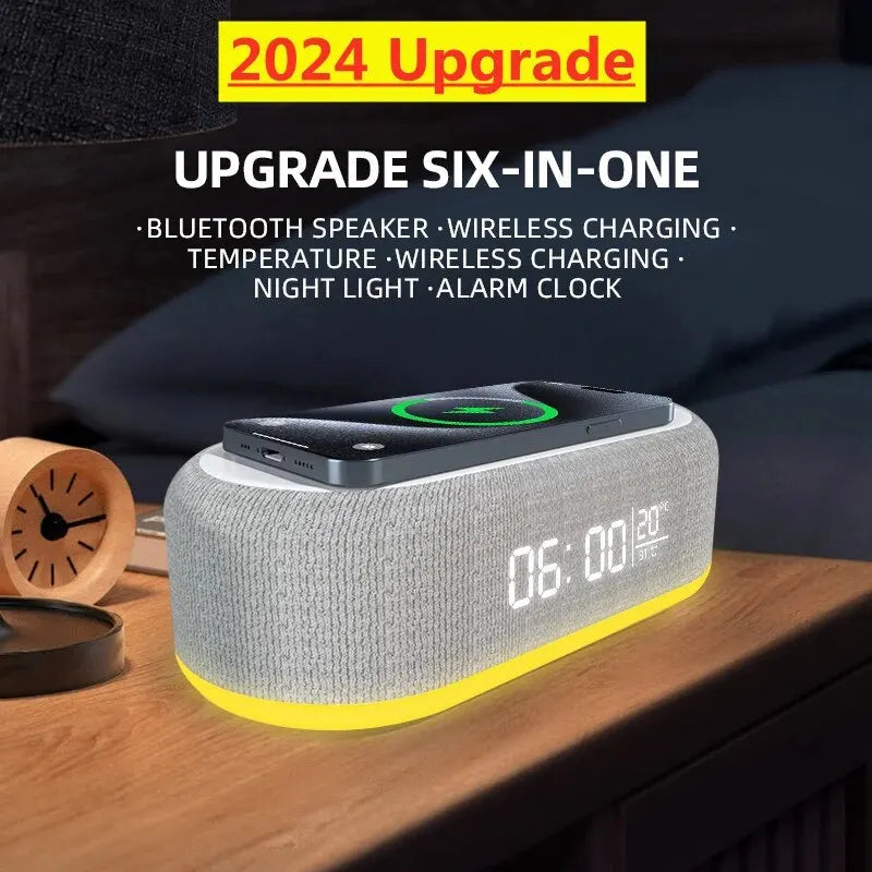 Bluetooth Speaker with Wireless Charger, LED Alarm Clock & Fast Charging Dock Station