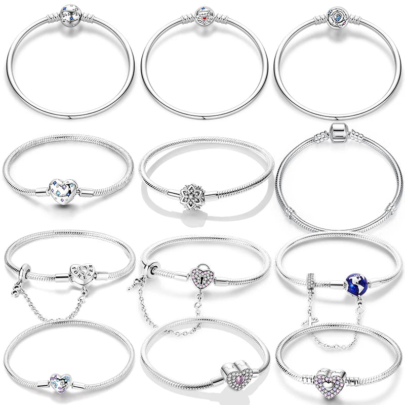 925 Sterling Silver Charm Bracelet for Women – Heart, Star, Moon & More