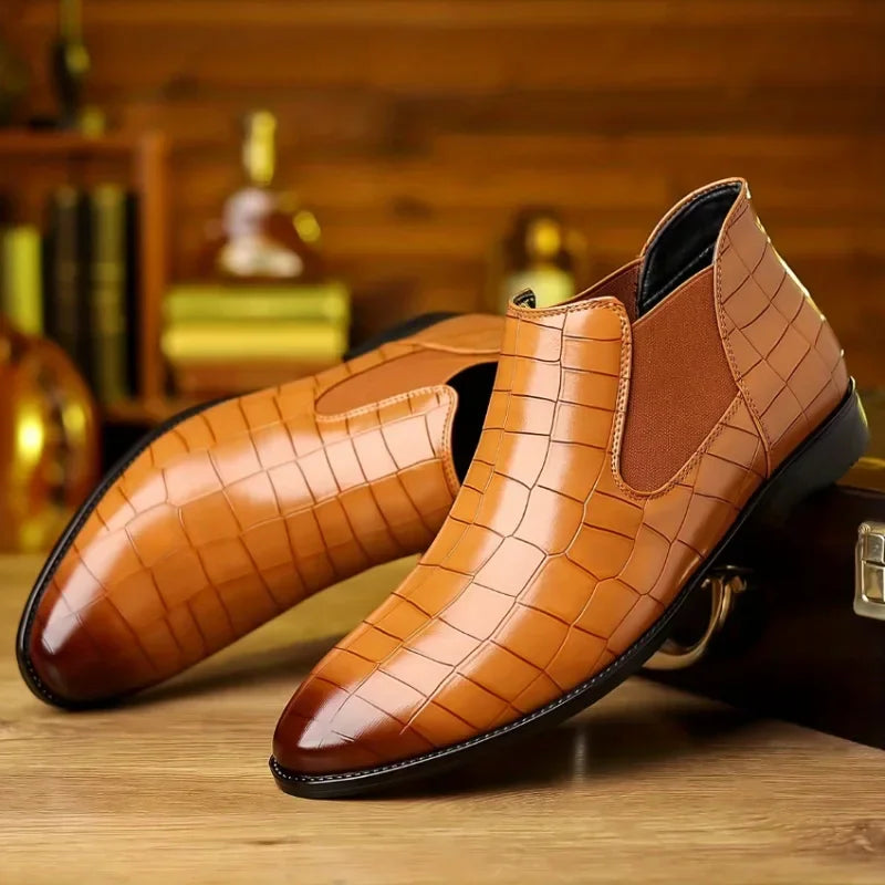 Men’s Chelsea Slip-On Ankle Boots – Stylish Pointed Toe PU Leather Dress Boots