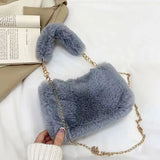Stylish Plush Shoulder Bag with Gold Chain Strap – Soft & Compact Women's Tote