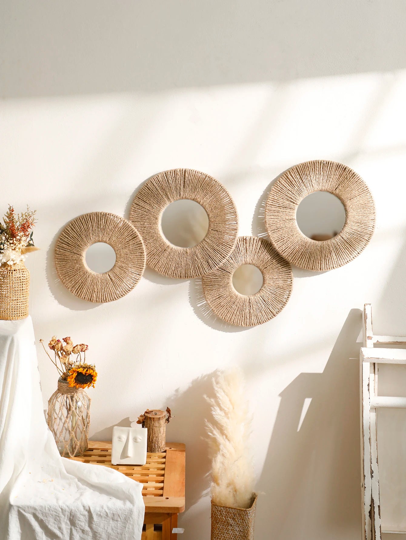 Espejo de pared redondo con cuerda de cáñamo tejida: espejo colgante decorativo bohemio para el hogar