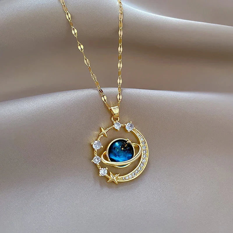 Romantic Blue Planet Pendant Necklace for Women