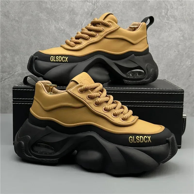 Men’s Height Increasing Casual Leather Sneakers – Stylish Patchwork Lace-Up Shoes