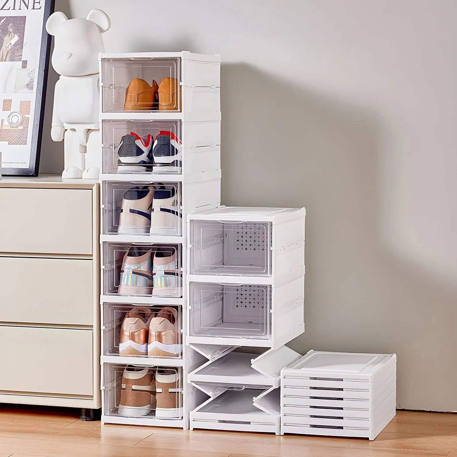 Cajas de almacenamiento de zapatos transparentes apilables: organizador de zapatos de 6 niveles ajustable, plegable y que ahorra espacio