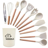 Juego de utensilios de cocina de silicona de 12 piezas: herramientas de cocina antiadherentes y resistentes al calor con mangos de madera