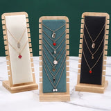 Expositor vertical de joyas de bambú: elegante organizador de cuero y madera para collares, anillos y pendientes