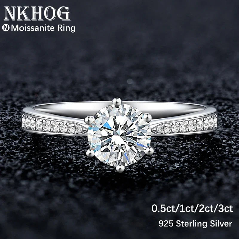 Moissanite Engagement Ring – 925 Sterling Silver Romantic Round Cut with Side Zircon Accents