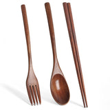 Juego de vajilla de madera natural de 3 piezas | Cuchara, tenedor y palillos