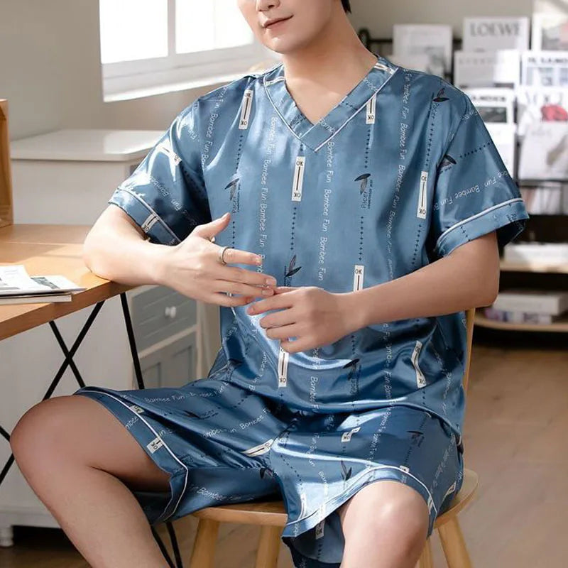 Men’s Lightweight V-Neck Pajama Set with Elastic Waist – Summer Loungewear