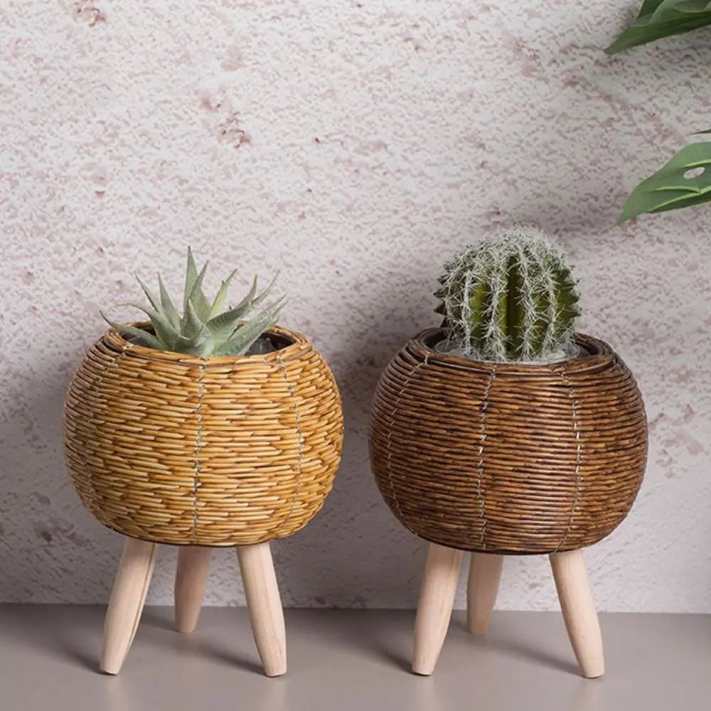 Nordic Style Rattan Woven Plastic Flower Pot with Stand