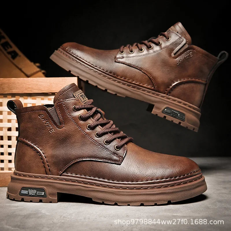 Men’s Luxury PU Leather Ankle Boots - Retro High-Top Motorcycle Boots