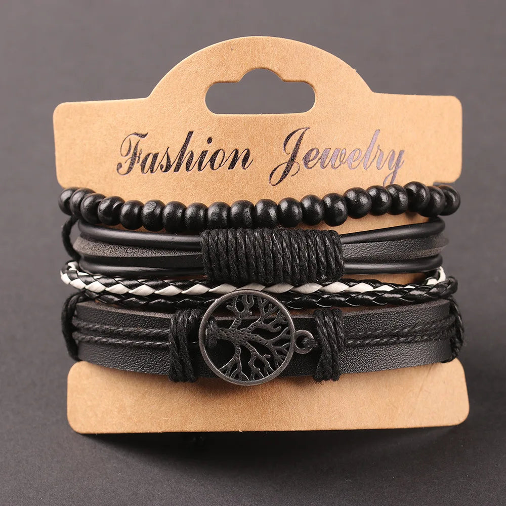 Conjunto de cuatro pulseras de cuero con accesorios de aleación del árbol de la vida y cuentas de madera para hombre, adorno de cuero tejido a mano
