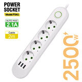 EU Plug Power Strip – 3 USB Ports, 2500W Capacity with Extension Cord