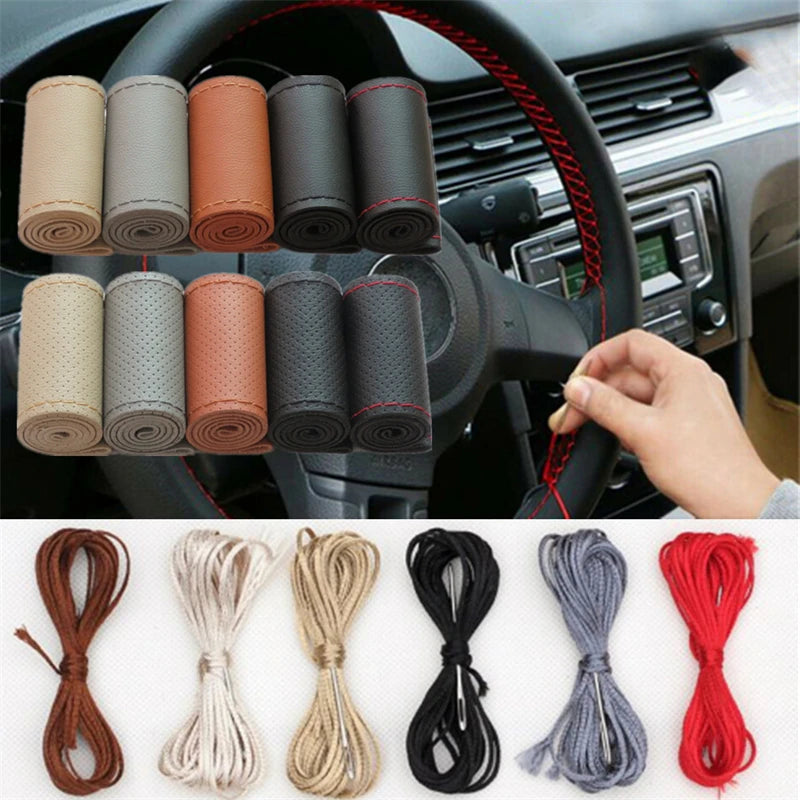 Universal Leather Steering Wheel Cover – 38cm Non-Slip DIY Auto Wheel Protector