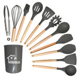 Juego de utensilios de cocina de silicona de 12 piezas: herramientas de cocina antiadherentes y resistentes al calor con mangos de madera