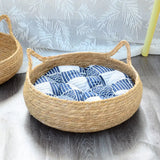 Handwoven Rattan Cat Bed with Cushion - Breathable Round Pet Bed (3 Sizes)