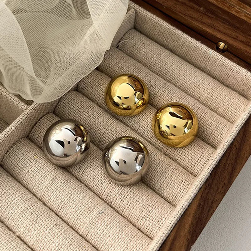 Punk Style Geometric Round Stud Earrings – Oversized Half Metal Ball Statement Earrings for Women