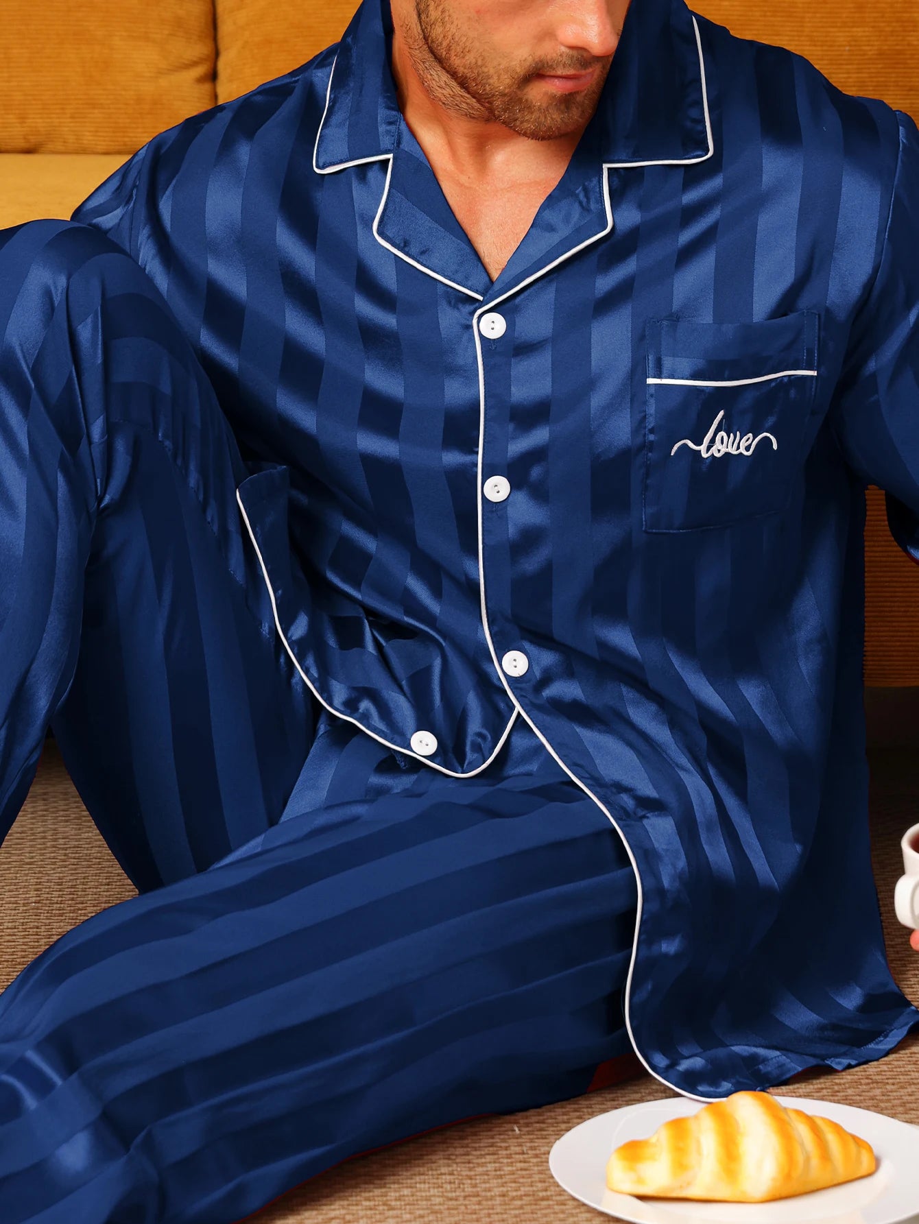 Men’s Long Sleeve Pajama Set – Lightweight Turn-Down Collar Loungewear with Full Coverage Comfort