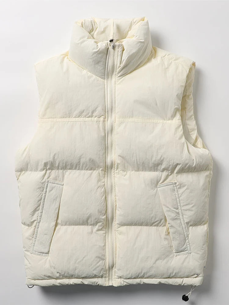 Winter Korean Men's Vests Stand Collar Zip Pockets Silk-Like Cotton Padded Sleeveless Waistcoat Jacket Thick Thermal Gilet Coats