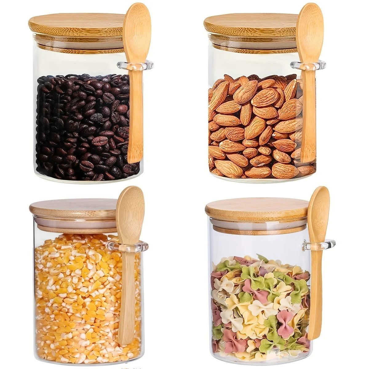 Frascos de vidrio herméticos de 18 oz con tapas y cucharas: recipientes transparentes para almacenar especias y dulces