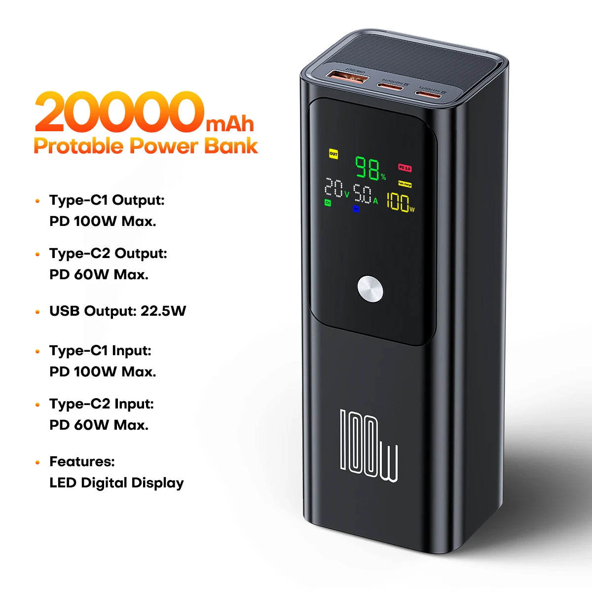 QOOVI 100W PD Power Bank – Ultra-Fast 20000mAh Portable Charger for Laptops, iPhones & More