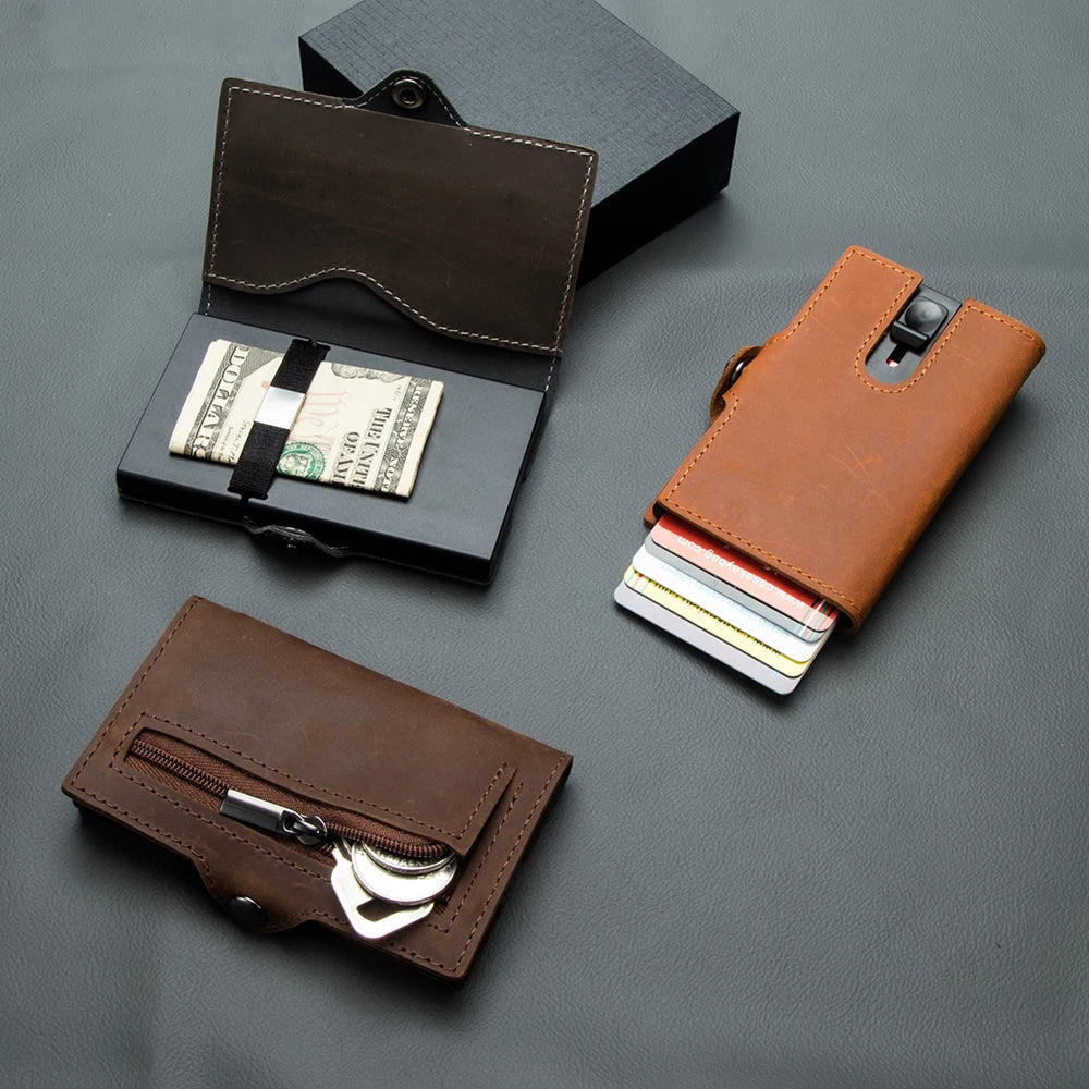 Slim RFID Leather Wallet – Minimalist Pop-Up Card Holder with Coin Pocket & Secure Button Closure